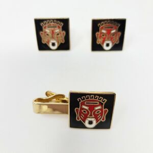 Men Vintage Swank Tribal Red Black Enamel Mask Gold Tone Cufflinks Tie Bar Set